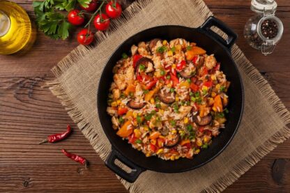 jambalaya seen from above in a cast iron pan